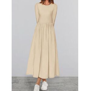 Beige Ribbed Maxi Dress Long Sleeve Modest Minimalist Capsule Casual M